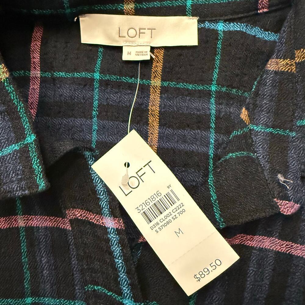 LOFT Plaid Shirt Dress Women’s Button Front Long Sleeve Black Multicolor NWT Med - Picture 5 of 6